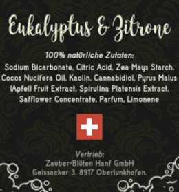 Inhaltsstoffe des CBD-Badewürfels Eukalyptus & Zitrone mit natürlichen Zutaten wie Natriumbicarbonat, Kaolin und Cannabidiol. Luxuriöse Badezusätze für Entspannung.