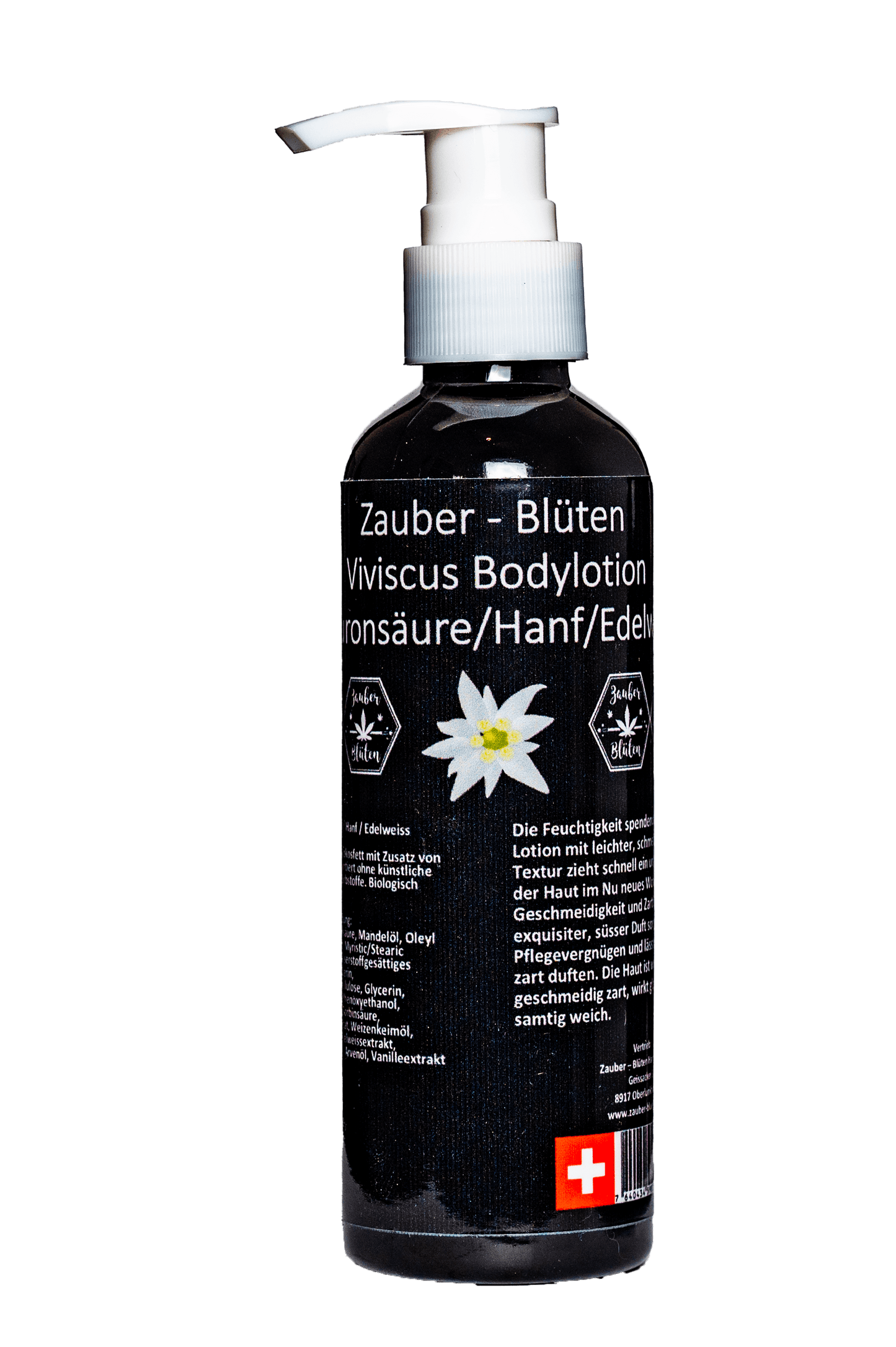 Body Lotion Viviscus mit Hanf und Edelweiss-Extrakt in schwarzer Pumpflasche. Feuchtigkeitsspendende Pflege für geschmeidige, zarte Haut mit süßem Duft.