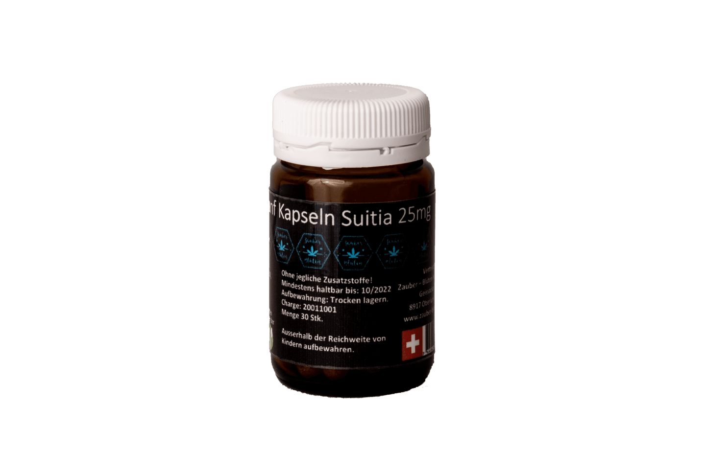 Hanf Kapseln Suitia 25mg in brauner Glasflasche mit weißem Deckel. Hochwertiges Hanfpulver aus Cannabis sativa, ideal für Nichtraucher. Schweizer Produktion.