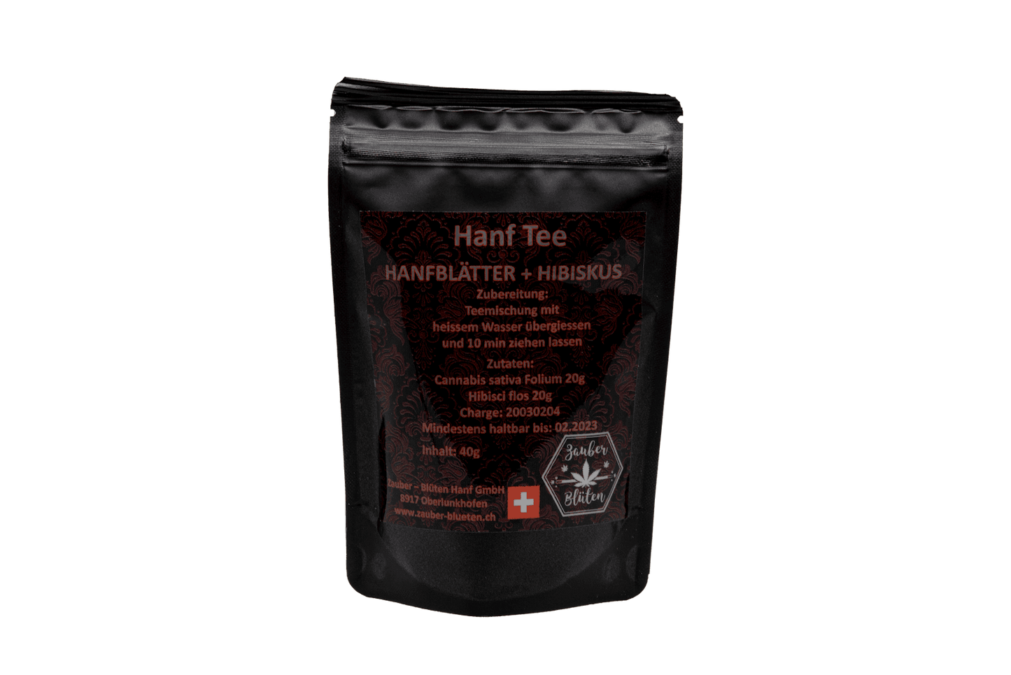 Hanf Tee mit Hibiskus offen 40g in schwarzer Verpackung mit goldener Schrift. Enthält Hanfblätter und Hibiskus für eine beruhigende Teemischung.