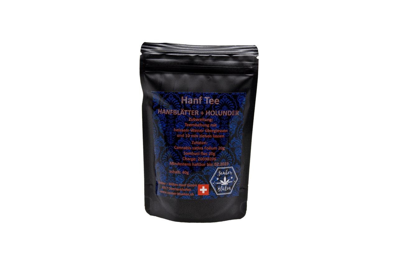 Hanf Tee mit Holunder offen 40g in schwarzer Verpackung mit goldener Schrift. Enthält Hanfblätter und Holunder für eine beruhigende Teemischung.
