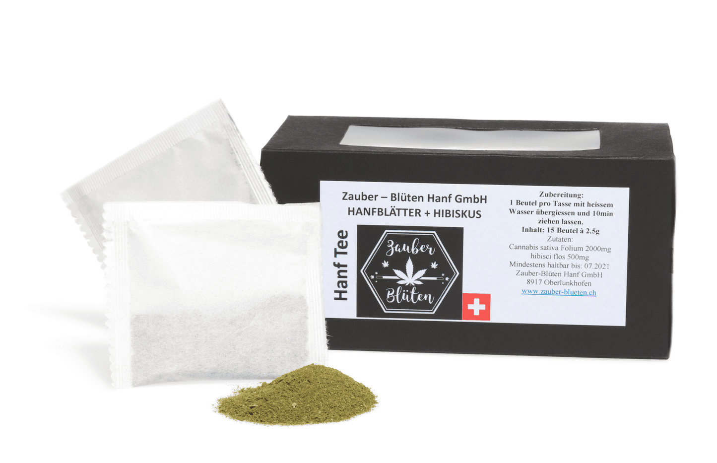 Hanf Tee mit Hibiskus, 15 Beutel, in schwarzer Verpackung mit Schweizer Flagge. Enthält fein gemahlene Hanfblätter und Hibiskus.