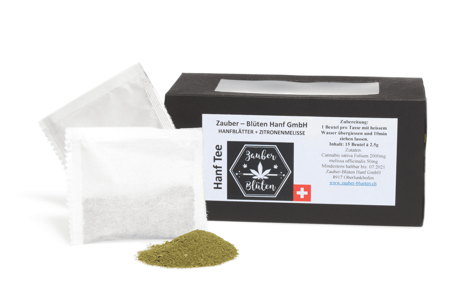 Hanf Tee mit Zitronenmelisse, 15 Beutel, in schwarzer Verpackung mit Schweizer Flagge. Enthält fein gemahlene Hanfblätter und Zitronenmelisse.