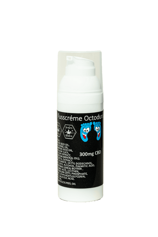 Fusscréme Octodurum 50ml mit 300mg CBD, schnell einziehende Pflege für geschmeidige Füße. Enthält Hanföl und natürliche Inhaltsstoffe.