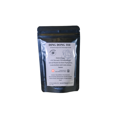 Ding Dong Tee in hochwertiger schwarzer Verpackung. 100% Schweizer Qualität, THC-frei. Entspannender Genuss, Preis pro 100g = 24.75.-