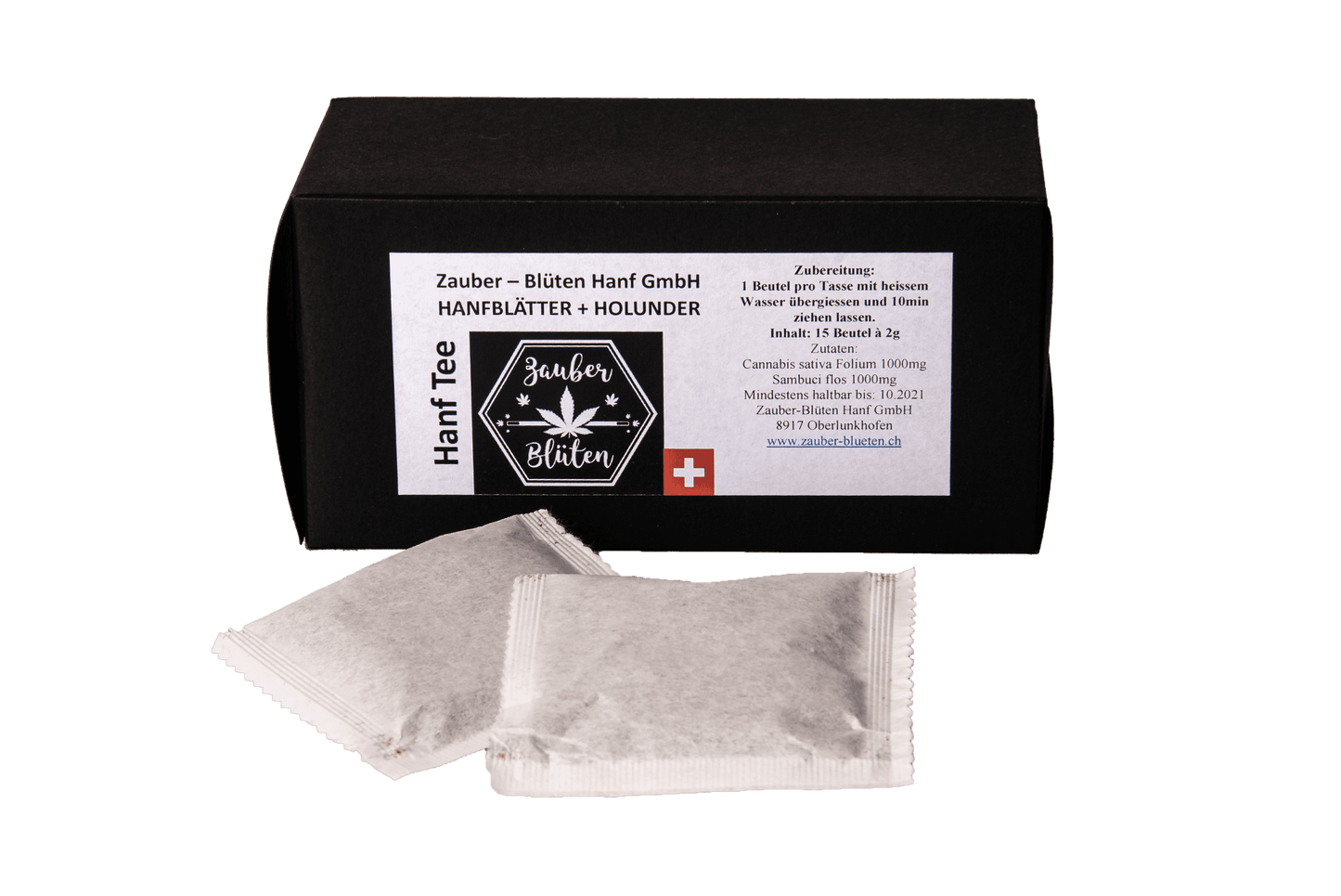 Hanf Tee mit Holunder, 15 Beutel, in schwarzer Verpackung mit Schweizer Flagge. Enthält fein gemahlene Hanfblätter und Holunder.