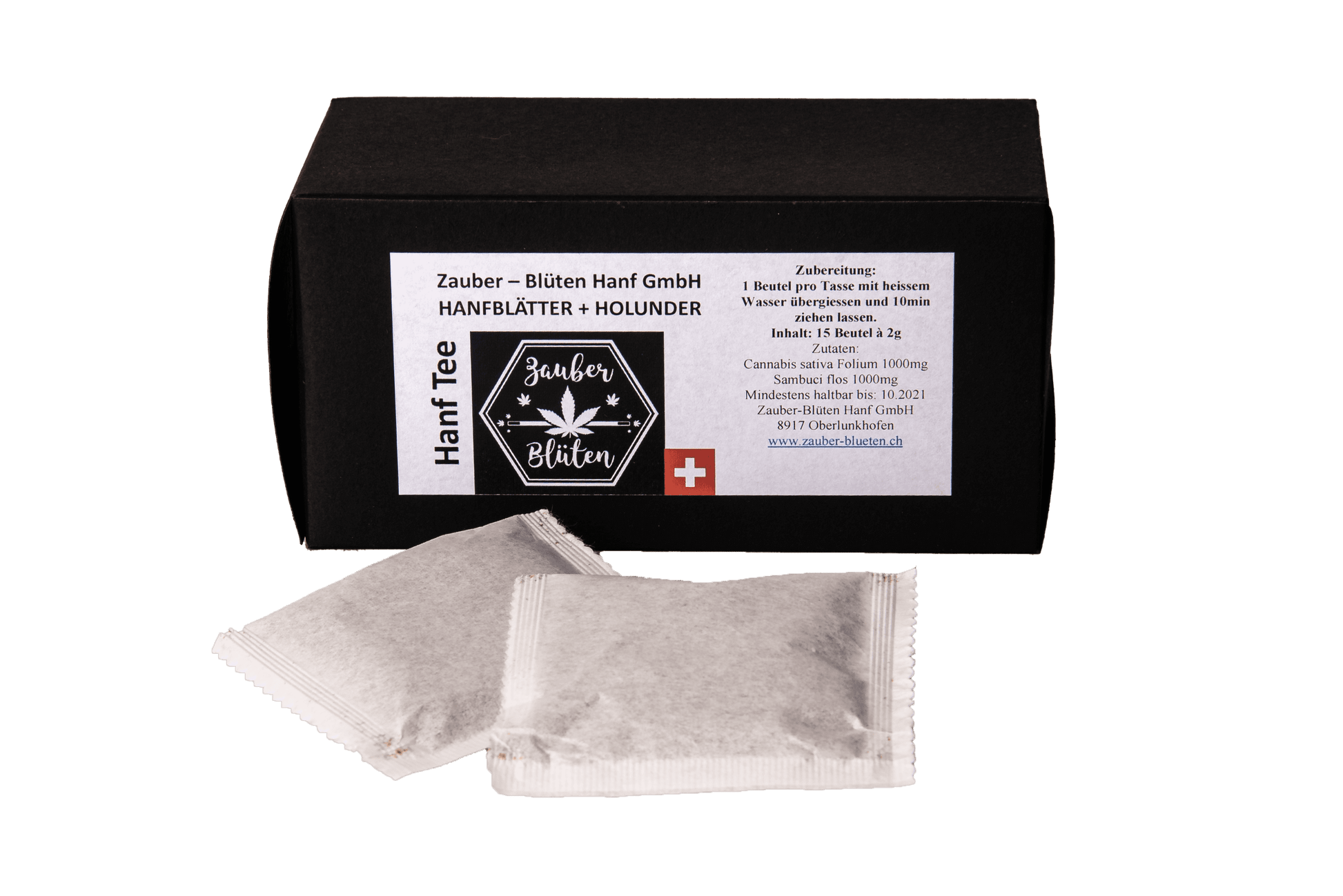 Hanf Tee mit Holunder, 15 Beutel, in schwarzer Verpackung mit Schweizer Flagge. Enthält fein gemahlene Hanfblätter und Holunder.