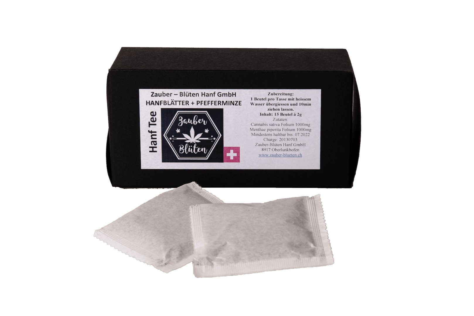 Hanf Tee mit Pfefferminze, 15 Beutel, in schwarzer Verpackung mit Schweizer Flagge. Enthält fein gemahlene Hanfblätter und Pfefferminze.