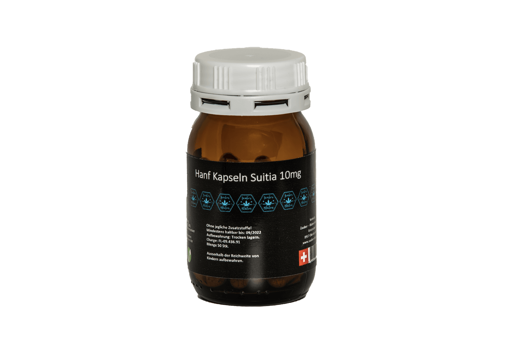 Hanf Kapseln Suitia 10mg in brauner Glasflasche mit weißem Deckel. Hochwertiges Hanfpulver aus Cannabis sativa, ideal für Nichtraucher. Schweizer Produktion.