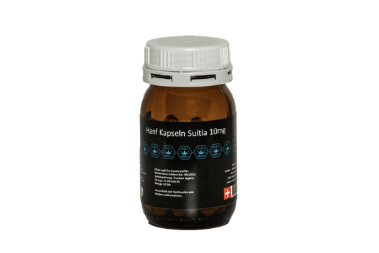 Hanf Kapseln Suitia 10mg in brauner Glasflasche mit weißem Deckel. Hochwertiges Hanfpulver aus Cannabis sativa, ideal für Nichtraucher. Schweizer Produktion.