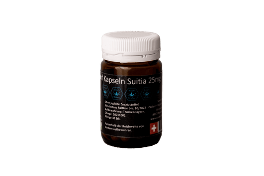 Hanf Kapseln Suitia 25mg in brauner Glasflasche mit weißem Deckel. Hochwertiges Hanfpulver aus Cannabis sativa, ideal für Nichtraucher. Schweizer Produktion.
