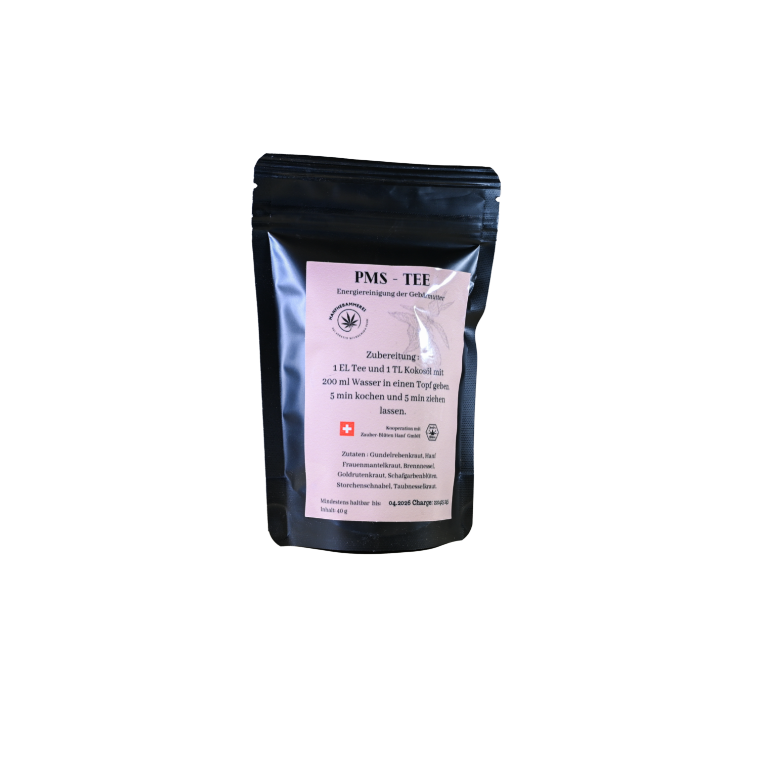 PMS Tee in schwarzer Verpackung mit Schweizer Qualität. Hanftee ohne THC, ideal zur Unterstützung des Wohlbefindens. Preis pro 100g = 24.75.-