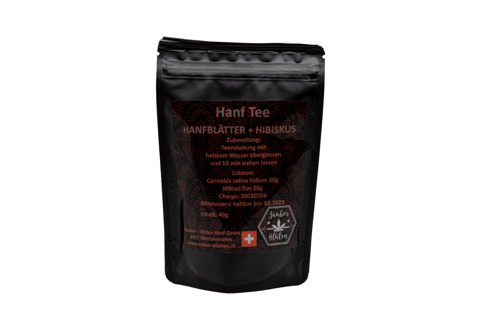 Hanf Tee mit Hibiskus offen 40g in schwarzer Verpackung mit goldener Schrift. Enthält Hanfblätter und Hibiskus für eine beruhigende Teemischung.