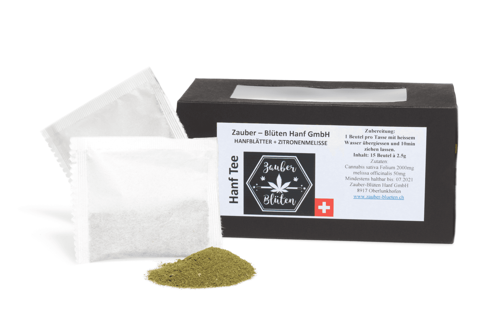 Hanf Tee mit Zitronenmelisse, 15 Beutel, in schwarzer Verpackung mit Schweizer Flagge. Enthält fein gemahlene Hanfblätter und Zitronenmelisse.